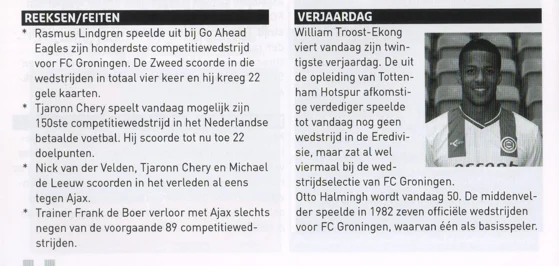Match facts and player milestones scan from FC Groningen programme 2013