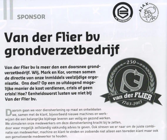 Van der Flier 250th anniversary sponsor advertisement scan from FC Groningen programme 2013