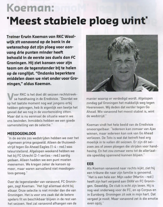 Erwin Koeman manager column mentioning Martin Koeman scan from FC Groningen programme 2013