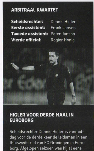 Referee Dennis Higler profile text scan from FC Groningen programme 2013