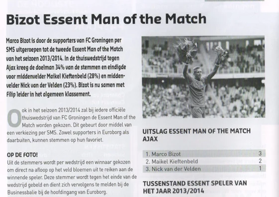 Marco Bizot Man of the Match announcement scan from FC Groningen programme 2013