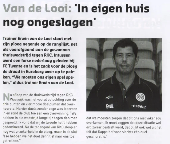 Erwin van de Looi column mentioning Johan Kappelhof red card scan from FC Groningen programme 2013