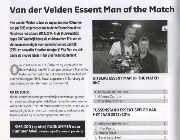 Nick van der Velden Man of the Match announcement scan from FC Groningen programme 2013