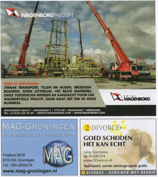 Wagenborg heavy lifting and 2Divorce mediation advertisements scan from FC Groningen programme 2013