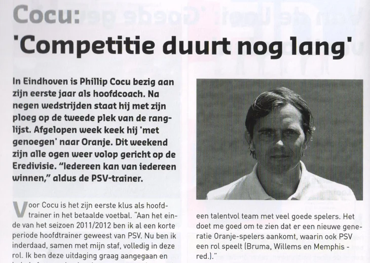 Phillip Cocu column mentioning Memphis Depay scan from FC Groningen programme 2013