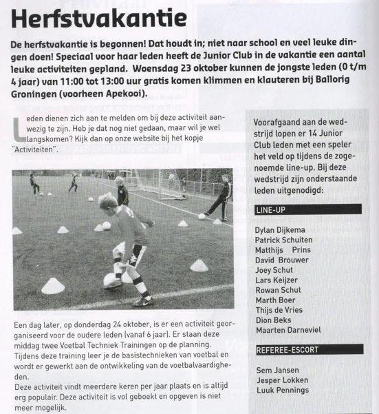 Junior Club autumn holiday activities scan from FC Groningen programme 2013