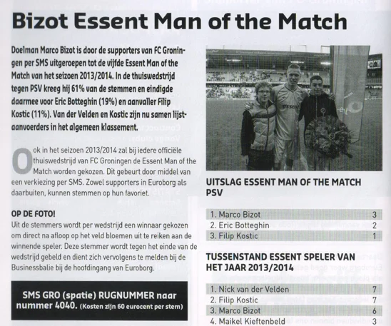 Marco Bizot Man of the Match announcement scan from FC Groningen programme 2013