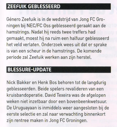 FC Groningen injury update news scan from 2013 matchday programme