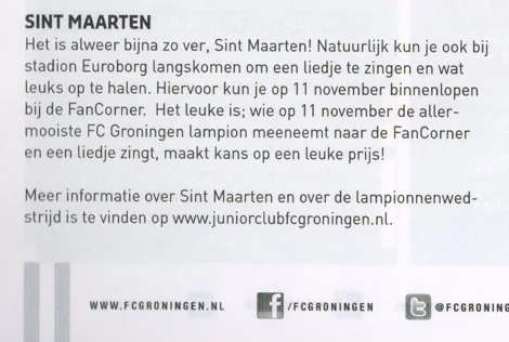 Sint Maarten celebration announcement scan from FC Groningen Junior Club programme 2013