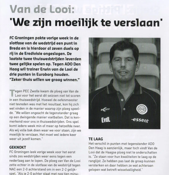 Erwin van de Looi manager column mentioning the NAC Breda comeback scan from 2013