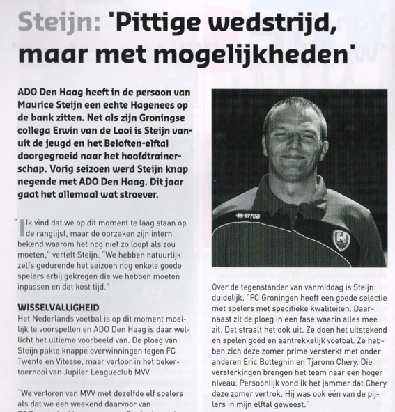 Maurice Steijn ADO Den Haag manager column scan from FC Groningen programme 2013