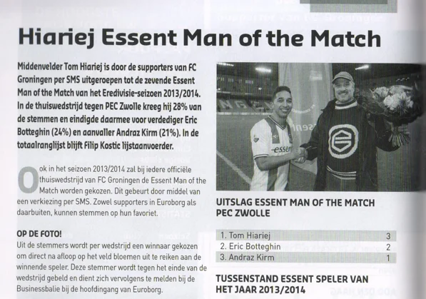 Tom Hiariej Man of the Match announcement scan from FC Groningen programme 2013