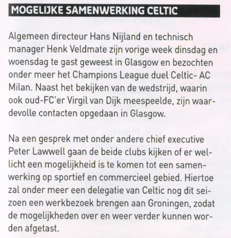FC Groningen and Celtic collaboration news scan from 2013 matchday programme