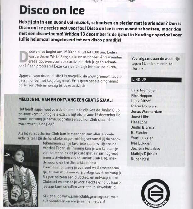 Junior Club Disco on Ice announcement and line-up list scan from FC Groningen programme 2013