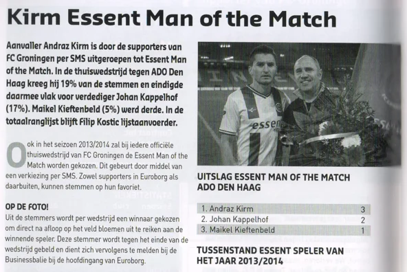 Andraz Kirm Man of the Match announcement scan from FC Groningen programme 2013