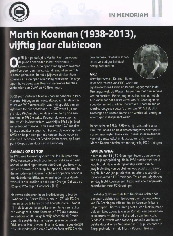 Martin Koeman full-page obituary and career retrospective scan from 2013 programme