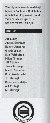 Junior Club final 2013 line-up list scan from FC Groningen programme