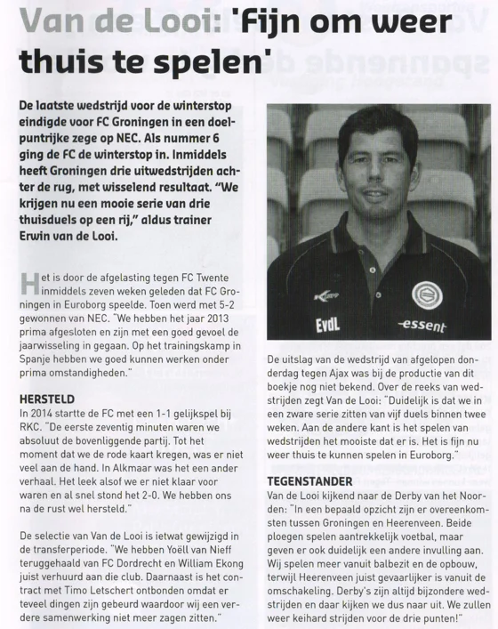 Erwin van de Looi column detailing winter transfers scan from FC Groningen programme 2014