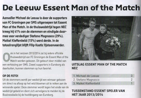 Michael de Leeuw Man of the Match announcement scan from FC Groningen programme 2014