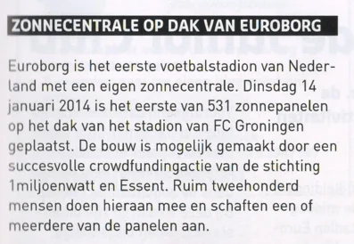 Euroborg solar panels news page scan from FC Groningen vs sc Heerenveen programme 2014