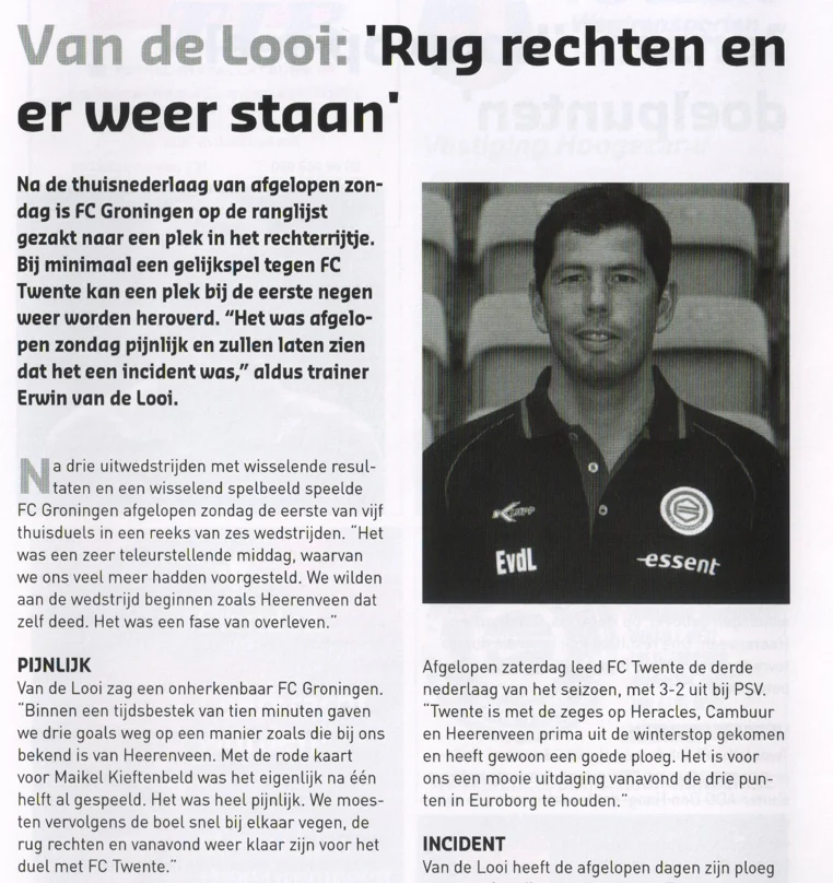 Erwin van de Looi manager column detailing the derby defeat scan from 2014 programme