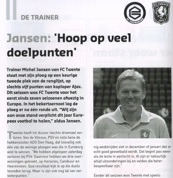 Michel Jansen FC Twente manager column scan from FC Groningen programme 2014