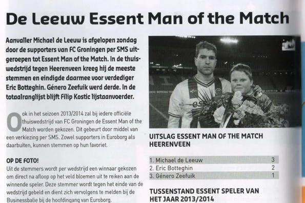 Michael de Leeuw Man of the Match announcement scan from FC Groningen programme 2014