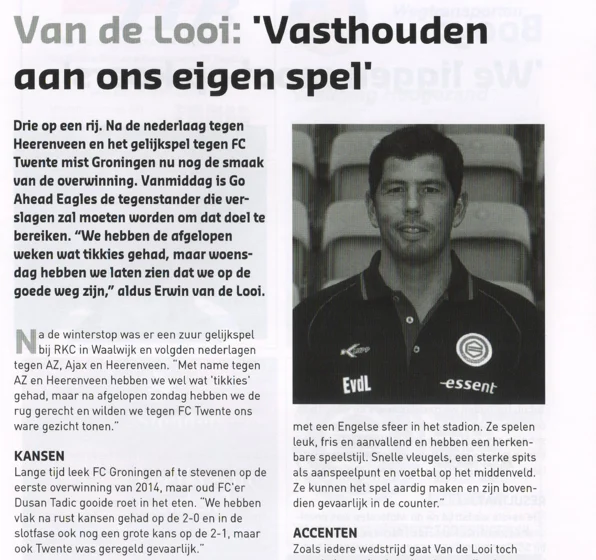 Erwin van de Looi manager column mentioning Dusan Tadic scan from 2014 programme