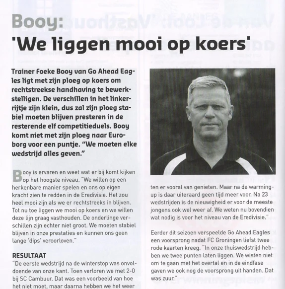 Foeke Booy Go Ahead Eagles manager column scan from FC Groningen programme 2014