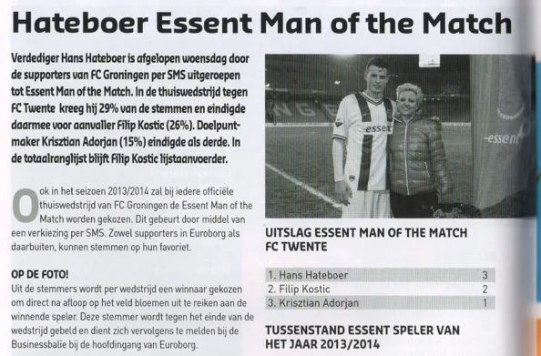 Hans Hateboer Man of the Match announcement scan from FC Groningen programme 2014