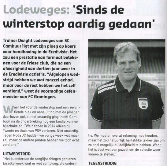 Dwight Lodeweges SC Cambuur manager column scan from FC Groningen programme 2014