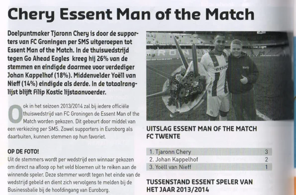 Tjaronn Chery Man of the Match announcement scan from FC Groningen programme 2014