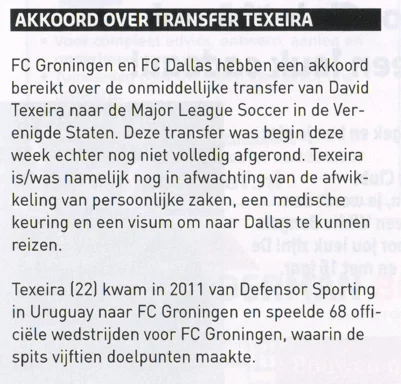 David Texeira transfer to FC Dallas news scan from FC Groningen programme 2014
