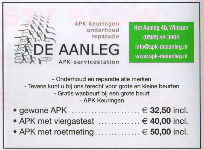 De Aanleg APK car inspection advertisement scan from FC Groningen programme 2014