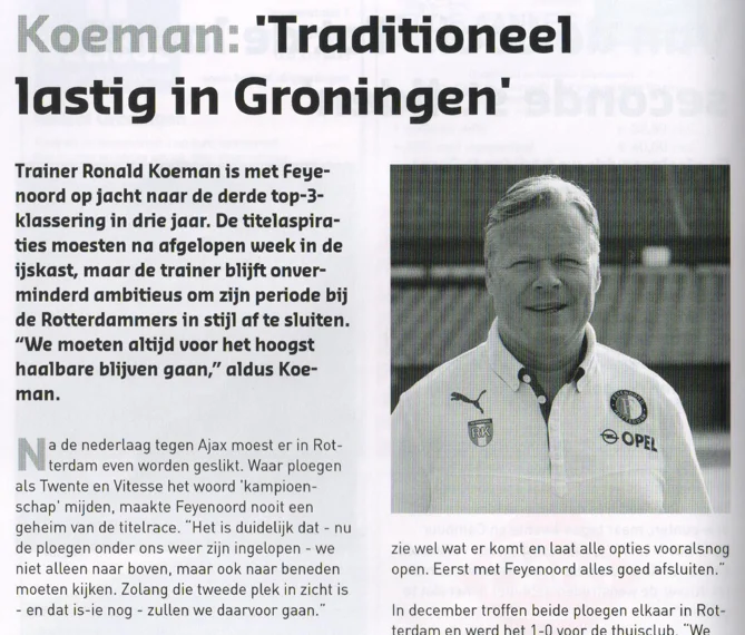 Ronald Koeman Feyenoord manager column scan from FC Groningen programme 2014