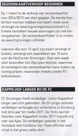 FC Groningen 2014-2015 season ticket sales announcement scan from programme