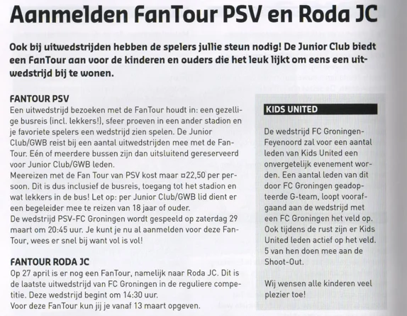 Junior Club FanTour and Kids United announcement scan from FC Groningen programme 2014