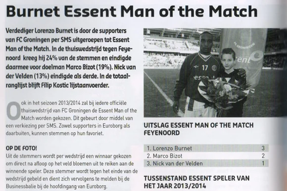 Lorenzo Burnet Man of the Match announcement scan from FC Groningen programme 2014