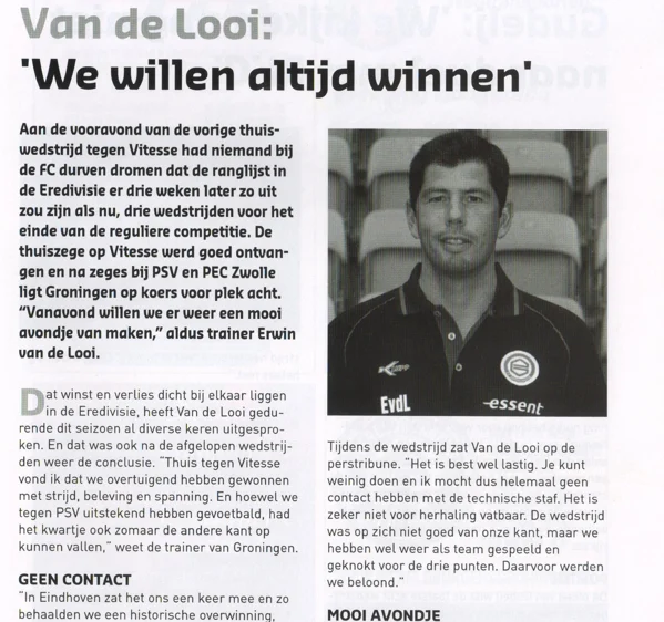 Erwin van de Looi manager column discussing his touchline ban scan from 2014