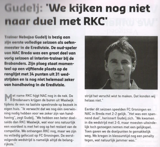 Nebojsa Gudelj NAC Breda manager column scan from FC Groningen programme 2014