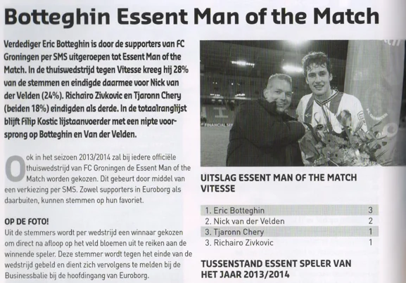 Eric Botteghin Man of the Match announcement scan from FC Groningen programme 2014