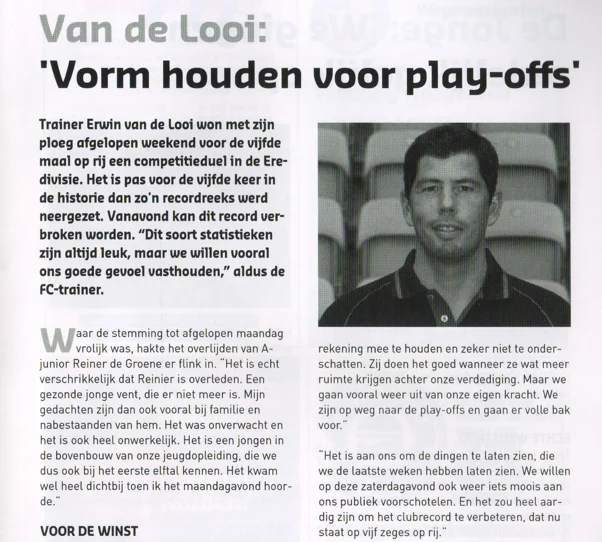 Erwin van de Looi manager column mentioning the death of Reinier de Groene scan from 2014