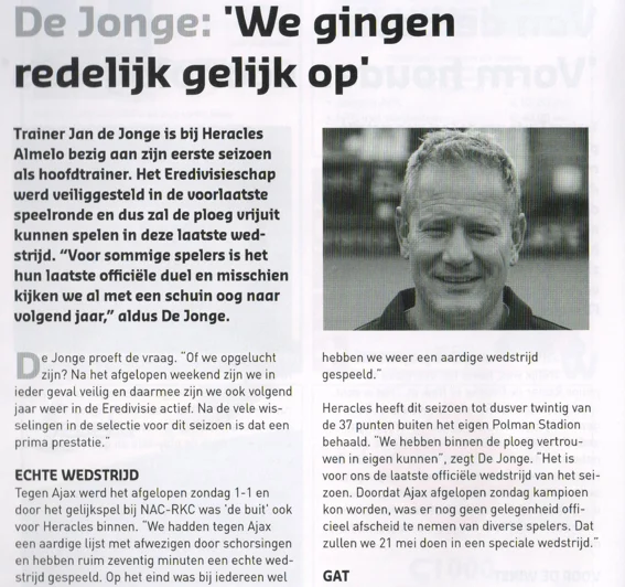 Jan de Jonge Heracles Almelo manager column scan from FC Groningen programme 2014