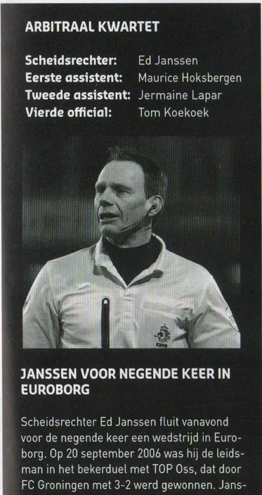 Referee Ed Janssen profile, match officials, and suspension news scan from 2014 programme