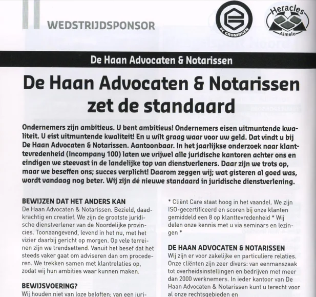 De Haan Lawyers Match Sponsor advertisement scan from FC Groningen programme 2014