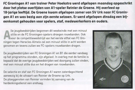 Reinier de Groene memorial and obituary scan from FC Groningen youth academy programme 2014