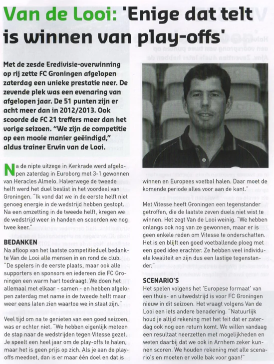 Erwin van de Looi manager column discussing playoff scenarios scan from 2014 programme