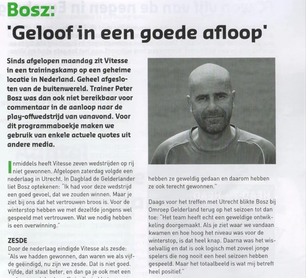 Peter Bosz Vitesse manager column mentioning secret training camp scan from 2014