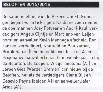 Jong FC Groningen reserve squad changes and player list scan from 2014 programme
