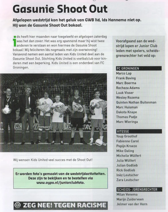 Junior Club Gasunie Shoot Out winner announcement scan from FC Groningen programme 2014